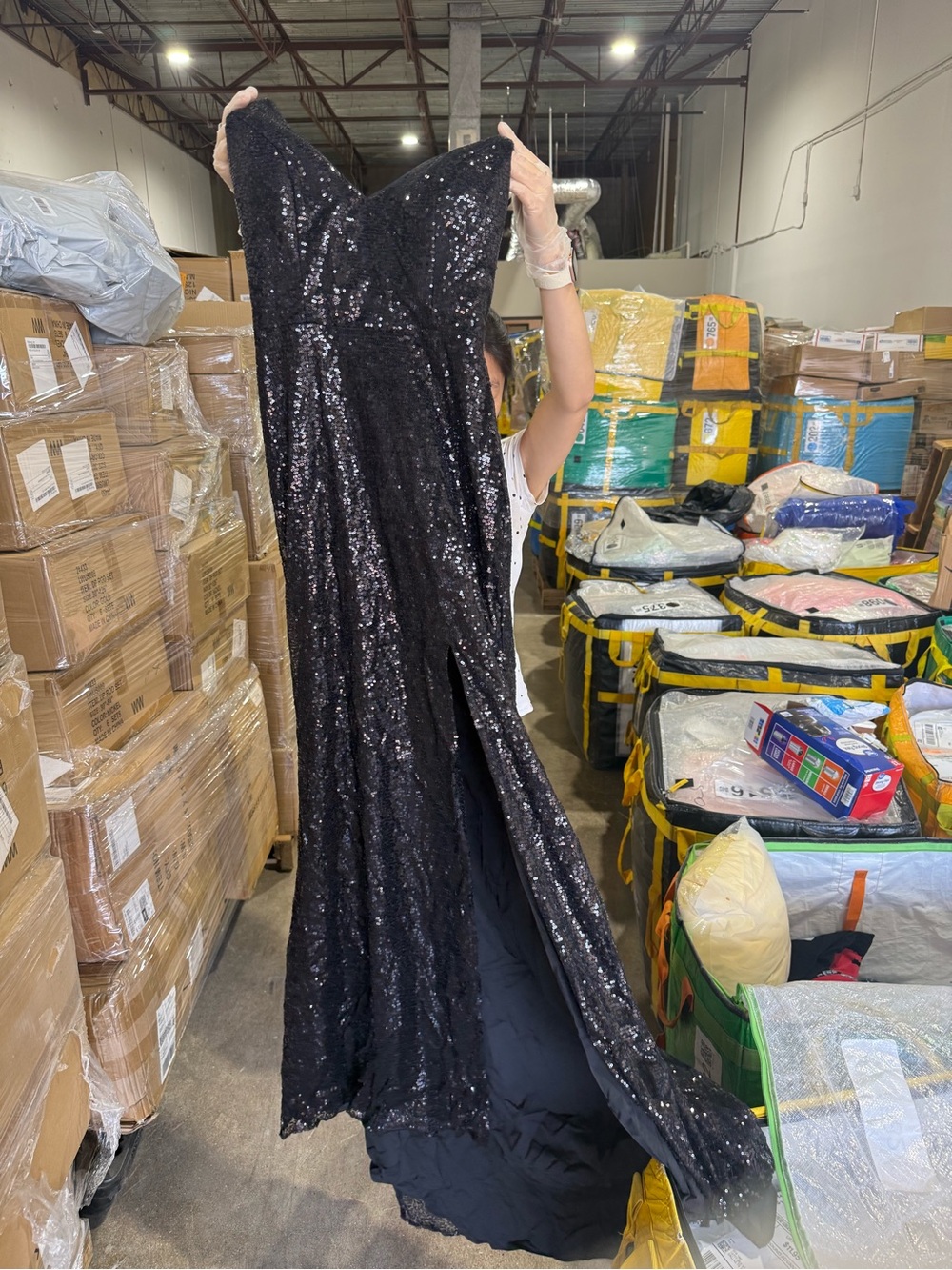 Black Sequin Strapless Prom Gown with Side Slit
